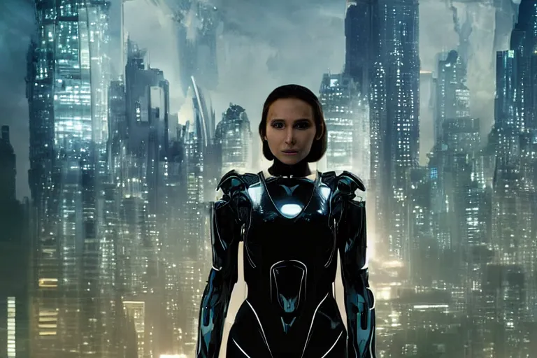 Image similar to VFX movie closeup portrait of a gorgeous futuristic hero cyborg woman in black spandex armor in future city, hero pose, beautiful skin, city night lighting by Emmanuel Lubezki