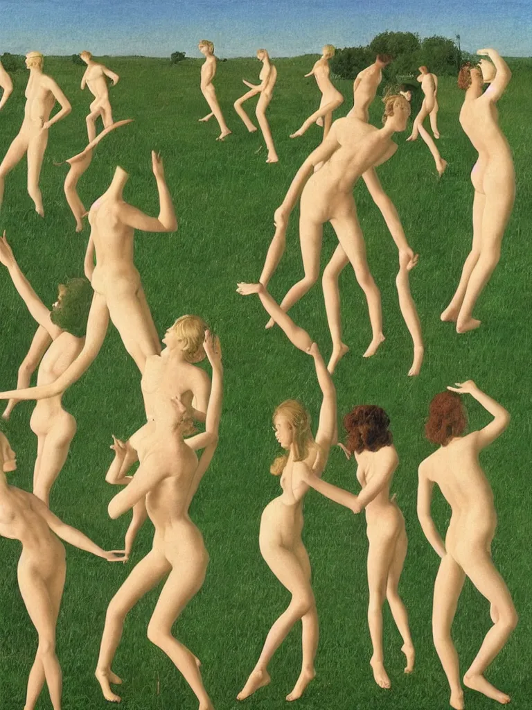 Image similar to A stylish group of disco dancers, dancing outside in a lush green field, pastel colors, long shadows. Painting by Alex Colville, Piero della Francesca