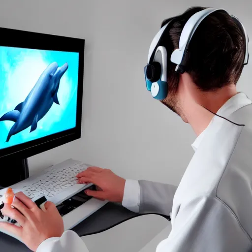 Image similar to An anthropomorphic grey dolphin in a white lab-coat playing games on a computer, digital painting, close-up, wearing a headset