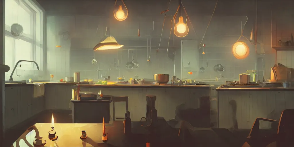 Image similar to minimalistic kitchen dim lit by a candle ripped physique simon stalenhag gerald brom bastien grivet by greg rutkowski, fisheye camera, extreme perspective