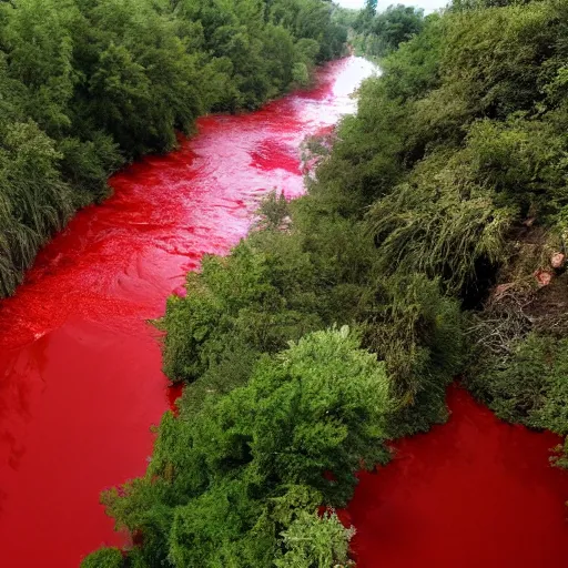 Image similar to hyper realistic photo of the river of blood, bodies floating downstream