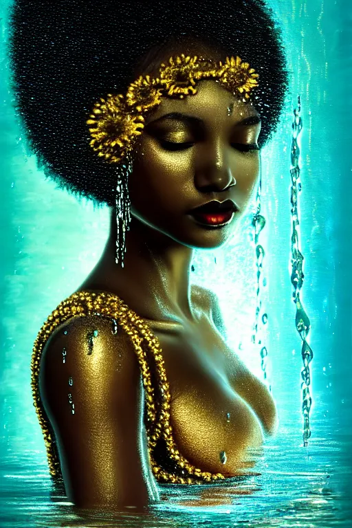 Prompt: hyperrealistic post - romantic cinematic very expressive! black oshun goddess, in water up to her shoulders, mirror dripping droplet!, gold flowers, highly detailed face, digital art masterpiece, smooth eric zener cam de leon chiaroscuro pearlescent teal light, tilt angle uhd 8 k, sharp focus