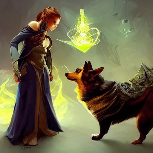 Image similar to “an augmentation sorcerer uses magic to enlarge pet corgi, Simic experiment, Magic the Gathering, D&D, fantasy, intricate, cinematic lighting, highly detailed, digital painting, artstation, concept art, smooth, sharp focus, illustration, art by Artgerm and Greg Rutkowski and Alphonse Mucha”