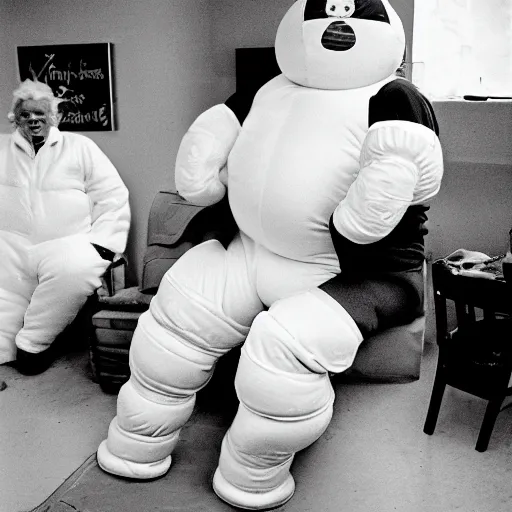 Prompt: a couple of grandparents wearing michelin man costume and playing twister, 3 5 mm flash on photography taken by martin parr