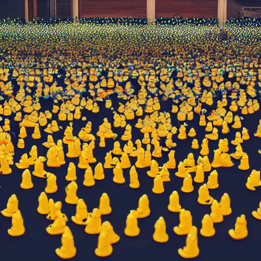 Prompt: An army of rubber ducks staring at a computer monitor