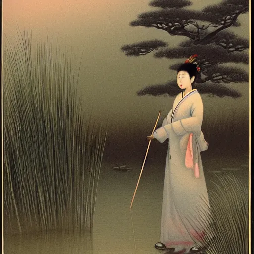 Prompt: The beautiful lover stands among the reeds by the river in the fog, Chinese style,