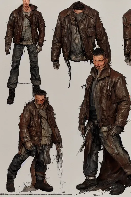 Image similar to character design, reference sheet, 4 0's adventurer, stained dirty clothing, leather bomber jacket, realistic, hyperdetailed, concept art, chiaroscuro, art frank frazetta