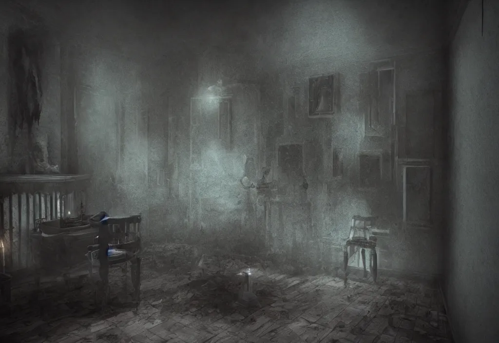 Prompt: eldritch shadows ghosts in a room of a haunted house. photorealistic, cinematic lighting, octane tender, dark - art