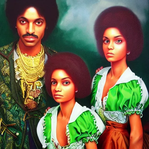 Image similar to a highly detailed painting. 1987-era Prince behind two beautiful twin sisters. Prince is green with jealousy. Photorealistic. Trending on Artstation.