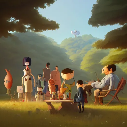 Image similar to goro fujita ilustration ilustration a family gathering in the country, characterized by masamune shirow and greg rutkowski, character art, focus, highly detailed, artstation