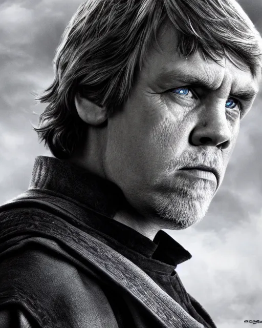 Image similar to very low angle high quality hyper realistic portrait of luke skywalker, dark dramatic portrait realistic and insanely detailed, 8 k