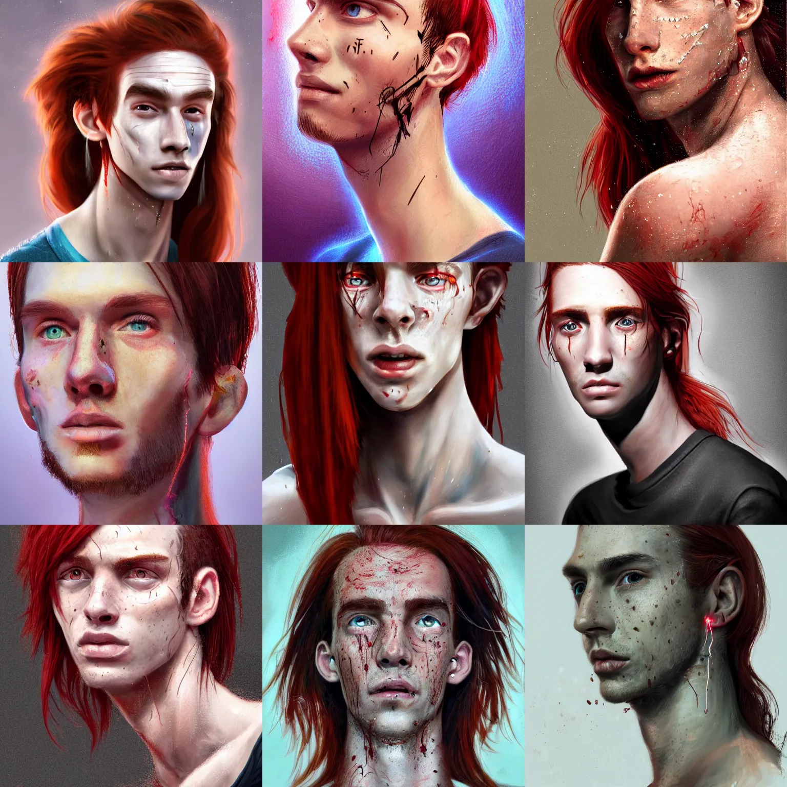 Prompt: portrait of a thin young man with long red hair, ponytail, a big scars, a lot of freckles on his face, big gash on face, an earring, intricate, elegant, glowing lights, highly detailed, digital painting, artstation, concept art, smooth, sharp focus, illustration