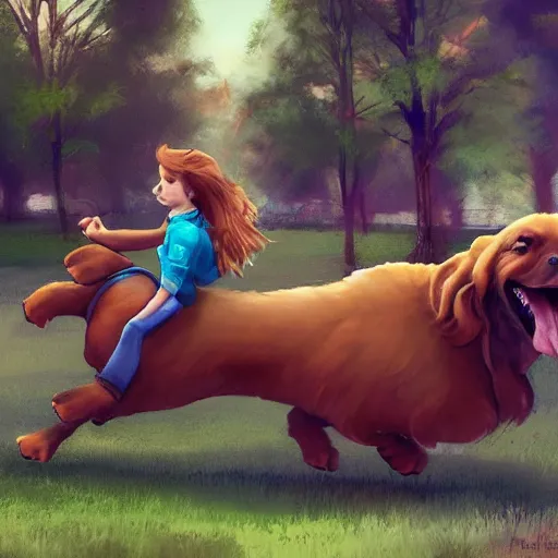 Image similar to girl riding a giant schanuzer dog at the park, trending on artstation