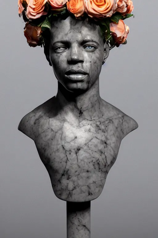Image similar to beautiful marble bust of basquiat wearing a crown full of peach and white roses and hands reaching to the sky. rococo style decorations, background heavenly sky, marble columns, Trending on artstation. halo. octane render, cinematic, hyper realism, octane render, 8k, depth of field, 3D