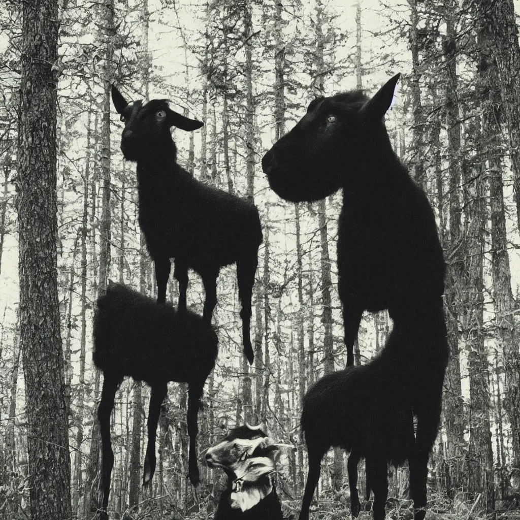 Prompt: polaroid of a black goat, a dog and a black totem in the forest, occult,