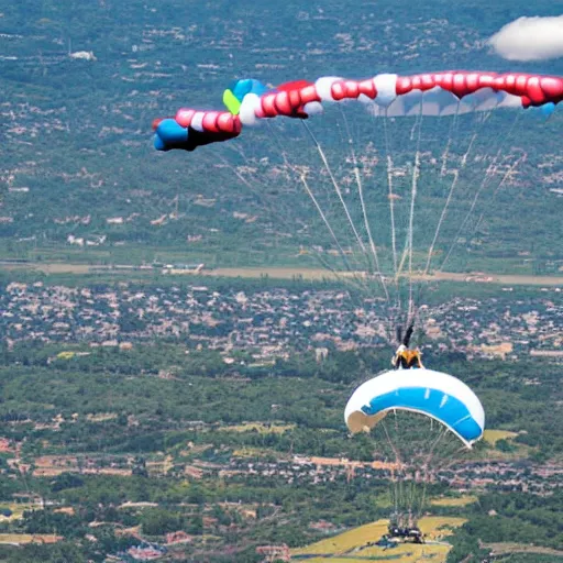 Image similar to photo of super fat doraemon skydiving while waving at the camera