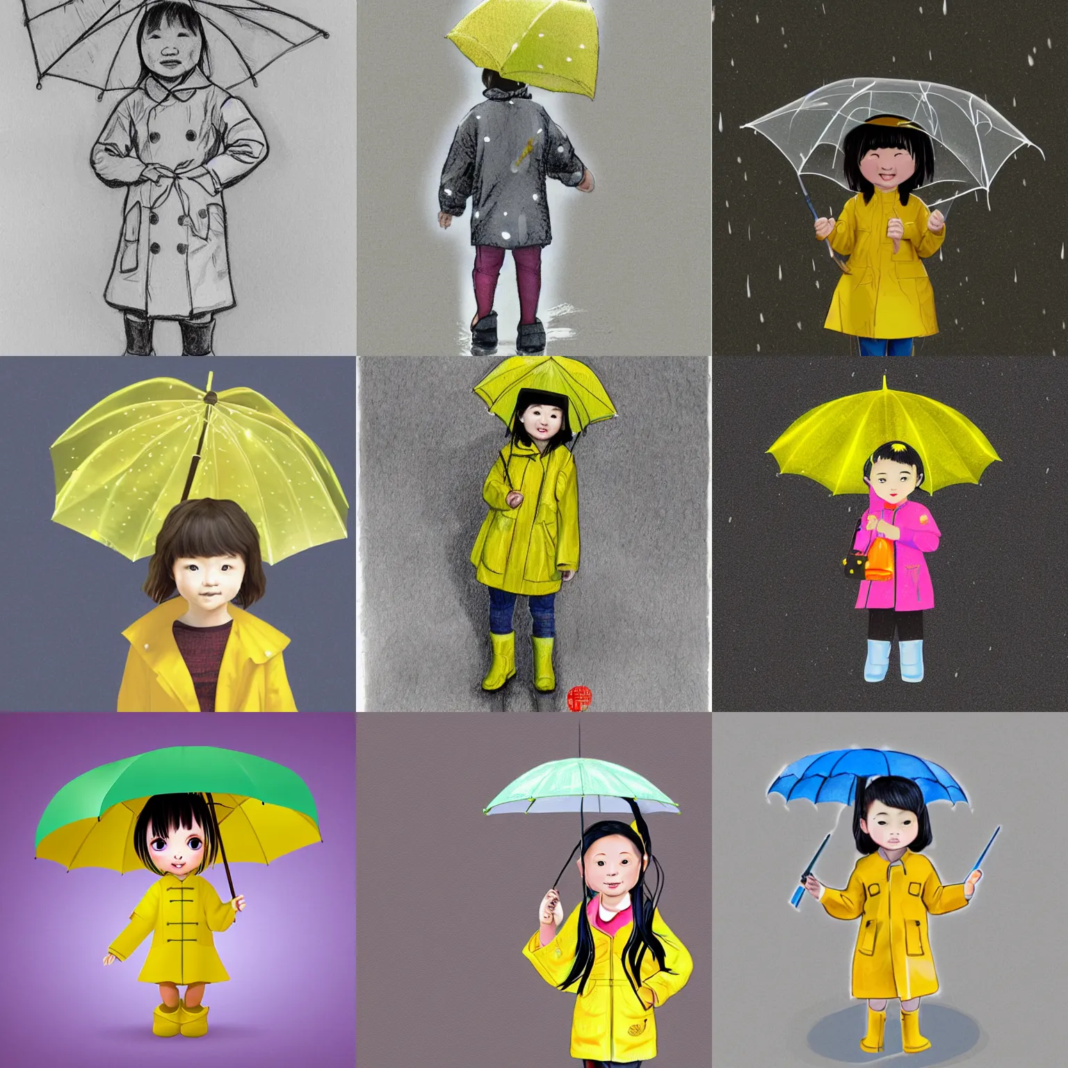 Prompt: A little Chinese girl wearing a yellow raincoat and rain boots, wearing a transparent umbrella. Front view, CG drawing