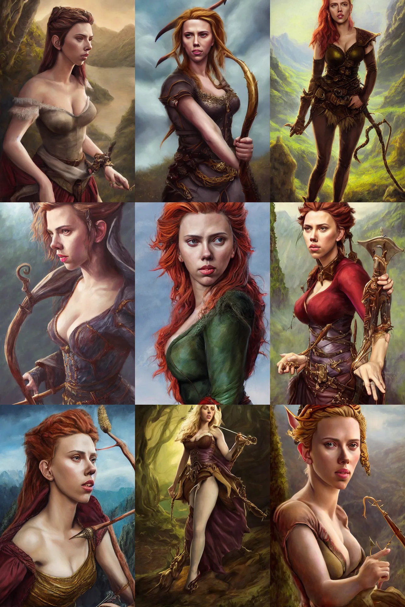 Prompt: a full body high detail fantasy portrait oil painting illustration of scarlett johansson as a beautiful sophisticated posing bard elf by justin sweet with face and body clearly visible, in a scenic background, pupils visible, realistic proportions, d & d, rpg, forgotten realms, artstation trending, high quality, sombre mood, artstation trending, muted colours, entire person visible!