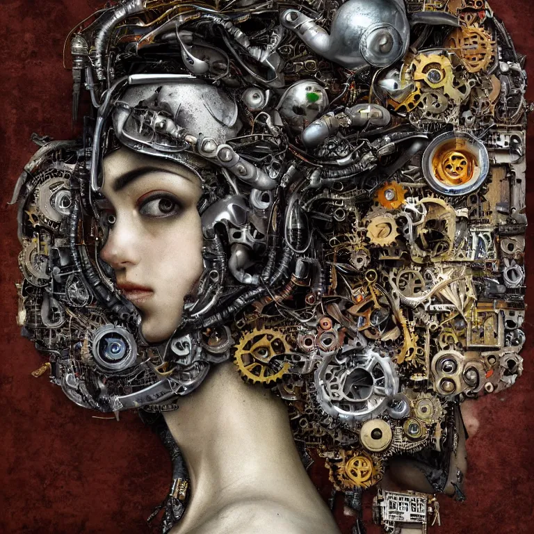 Image similar to profile portrait of a woman, computer parts, mechanical parts, by giuseppe arcimboldo, steampunk, cyberpunk, futuristic, psychedelic, surreal, sci - fi, vaporwave, alien, dreamlike.