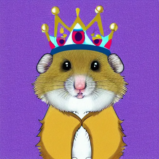 Image similar to A king hamster with a crown and a coat, digital art