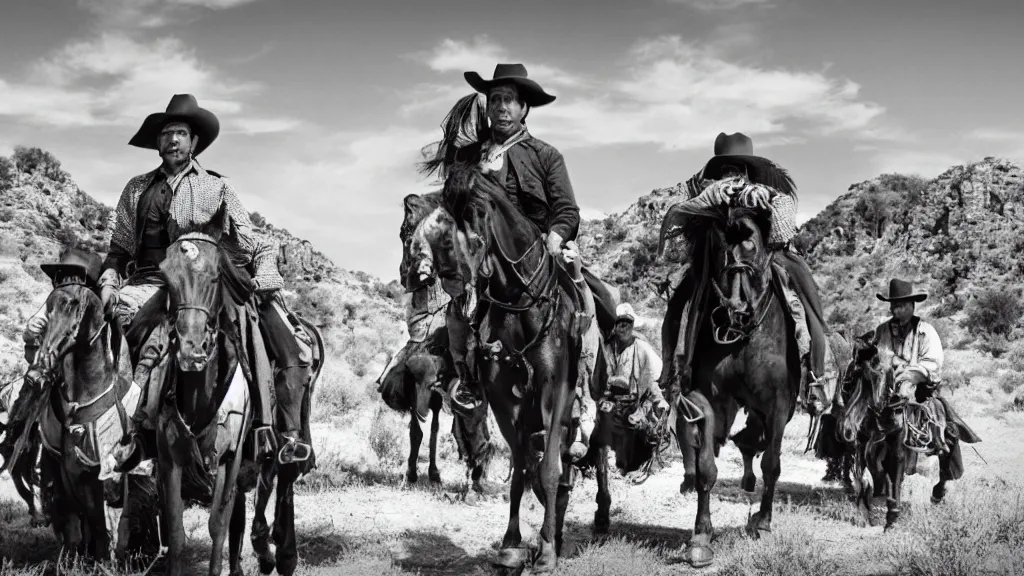 Image similar to a film still from a western movie in mexico, black and white, wide lens,