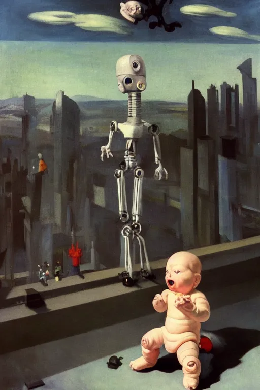 Prompt: evil human giant baby in a diaper and a robotic arm, grows up to the sky, against the backdrop of destroyed high - rise building, hauntingly surreal, highly detailed painting by francis bacon, edward hopper, adrian ghenie, gerhard richter, and james jean soft light 4 k,