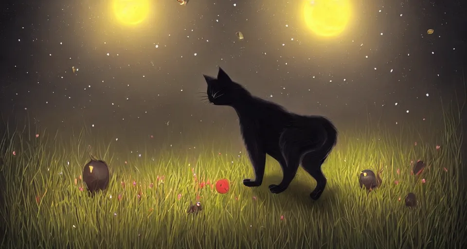 Prompt: black cat walking around in an open field at night with fireflies in the air and lots of stars in the sky, digital art, magical, trending on artstation