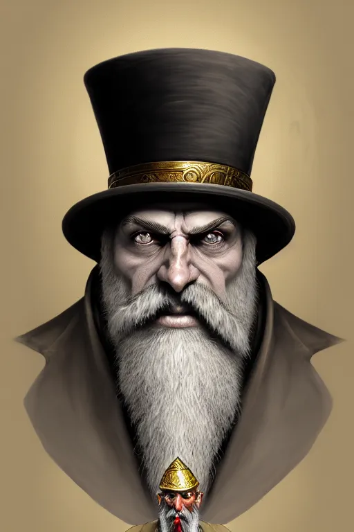 Image similar to silver monocle, portrait of a middle aged grey haired man with a top hat in the style of god of war, golden machine parts, intricate, elegant, highly detailed, digital painting, artstation, concept art, smooth, sharp focus, illustration, art by artgerm and greg rutkowski and alphonse mucha, 8 k