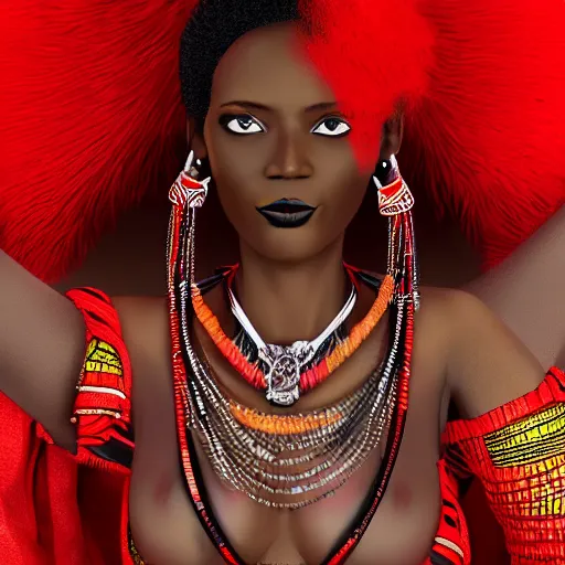 Prompt: african woman with red tribal clothes and black wings, ultra detailed, 8 k, trending on artstation, award - winning art,