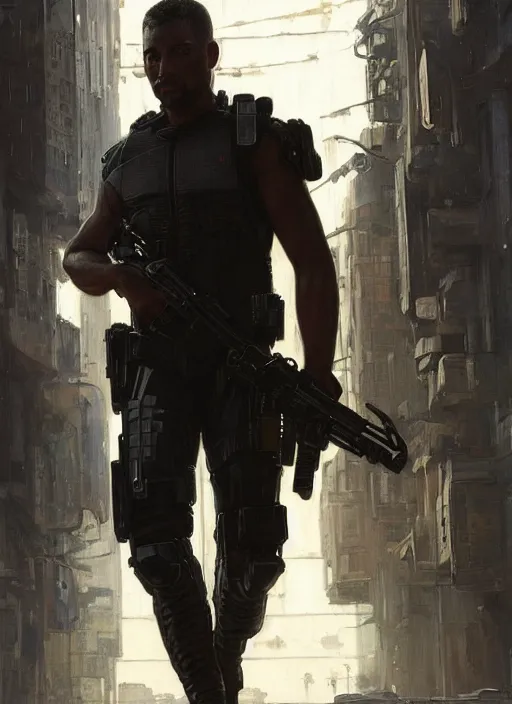 Prompt: 🤸🏿♀. cyberpunk police trooper in a military vest ( blade runner 2 0 4 9, cyberpunk 2 0 7 7 ). orientalist portrait by john william waterhouse and james gurney and theodore ralli and nasreddine dinet, oil on canvas. cinematic, hyper realism, realistic proportions, dramatic lighting, high detail 4 k