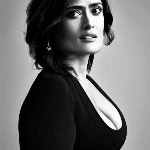 Image similar to Fully-clothed full-body portrait of Salma Hayek, XF IQ4, 50mm, F1.4, studio lighting, professional, 8K