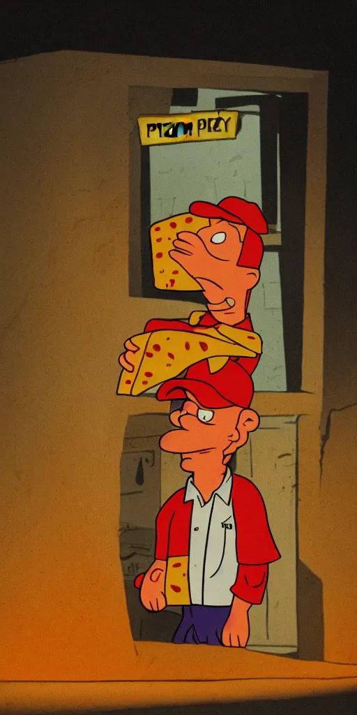 Image similar to a pizza delivery boy resembling Philip J. Fry standing in the doorway holding a pizza box, eerie lighting coming from behind, late at night, fireflies