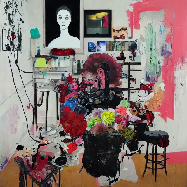 Prompt: empty room with black walls, sensual portrait of a female pathologist, octopus mural, spilled vase of flowers and water, squashed berries, neo - expressionism, surrealism, acrylic and spray paint and oilstick on canvas