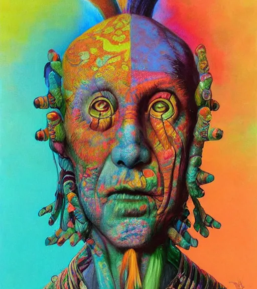 Prompt: Portrait painting in a style of Beksinski mixed with Alex Grey of an old shaman dressed in a colorful traditional clothes. psychodelic