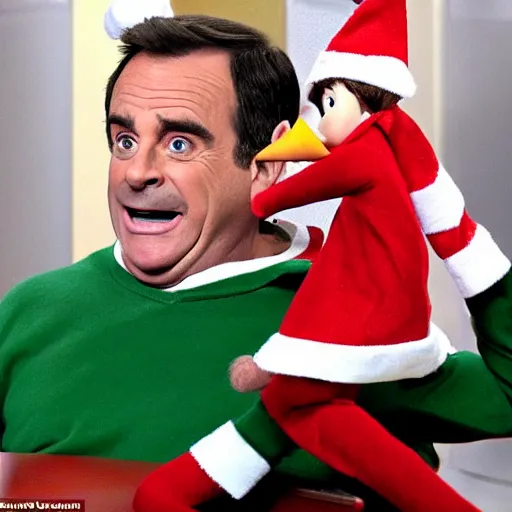 Prompt: phil dumphy from modern family sat on a cracker holding a large candy cane spitting on an elf