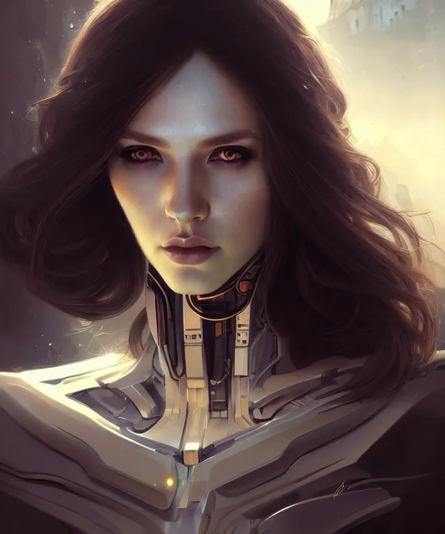 Prompt: futuristic android portrait, sci-fi, amber eyes, face, long hair, fantasy, intricate, elegant, highly detailed, digital painting, artstation, concept art, smooth, sharp focus, illustration, art by artgerm and greg rutkowski and alphonse mucha