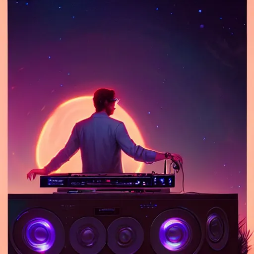 Image similar to A man djing at night under the stars, beautiful, digital art, artstation, hyperrealistic, 8k, unreal engine, octane render, trending on artstation, art by Artgerm and Greg Rutkowski and Alphonse Mucha and Beeple