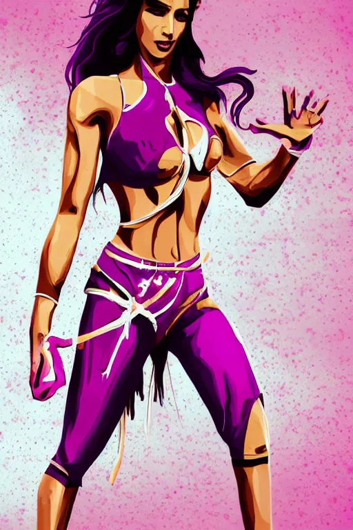 Prompt: arabian wrestling woman, cleanest posse, cleanest content without duplication, justify, parallel content, hyperrealistic anatomy, violet polsangi pop art, gta chinatown wars art style, sharp focus, bioshock infinite art style, incrinate, dynamic stretching, rgba color, white frame, balance proportion content