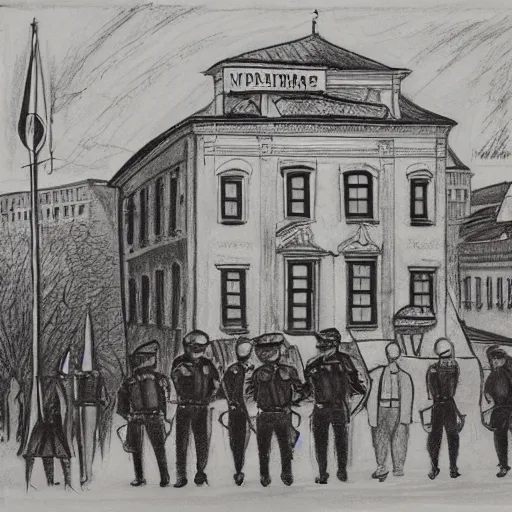 Image similar to the drawing depicts a police station in the lithuanian city of vilnius. in the foreground, a group of policemen are standing in front of the building, while in the background a busy street can be seen. indian by peter sculthorpe dismal