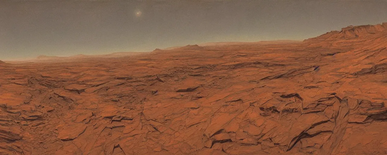Prompt: a canyon on Mars, classic painting, award winning, highly detailed