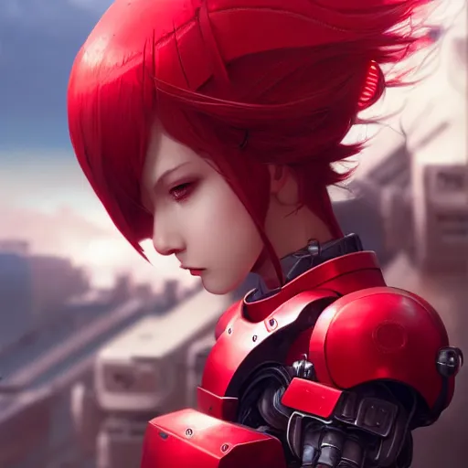 Prompt: cute red armored cyborg - girl by ross draws, in flight while looking towards the camera by ilya kuvshinov, point of view, rtx reflections, octane render 1 2 8 k, extreme high intricate details by wlop, digital anime art by tom bagshaw