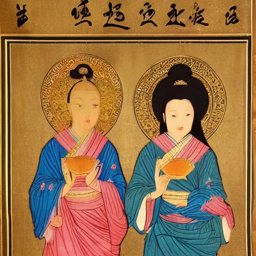 Image similar to portrait of 2 different asian looking girls close up one look away one is holding lotus flower in iconography style theophanes the greek glitter chinese ornament dress swan