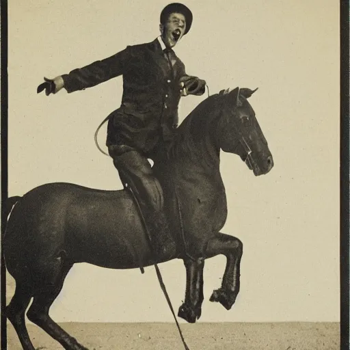 Image similar to a man sitting on a horse, he is screaming and holding both his arms up.