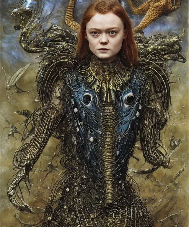 Prompt: a portrait photograph of a fierce sadie sink as a strong alien harpy queen with amphibian skin. she is dressed in a black and blue lace shiny metal slimy organic membrane vest and transforming into an evil insectoid snake bird. by donato giancola, walton ford, ernst haeckel, peter mohrbacher, hr giger. 8 k, cgsociety