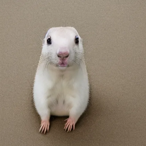 Image similar to singular animal that is white Prairie dog cross white pig cross white ferret, studio photography