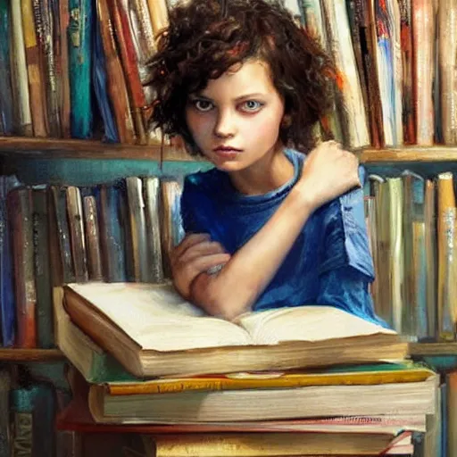 Image similar to a seven year old girl with short curly light brown hair and blue eyes sitting amidst tall piles of books. beautiful painting by raymond swanland and magali villanueve, beautiful detailed face.