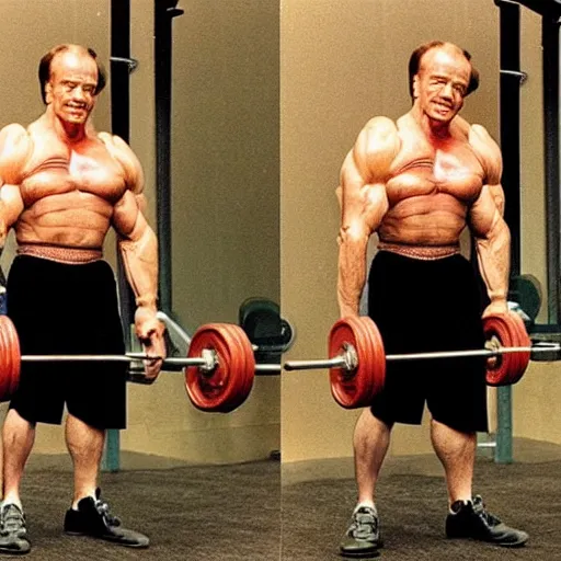 Image similar to “Wallace Shawn pumping iron with Arnold Schwarzenegger vintage 24mm”