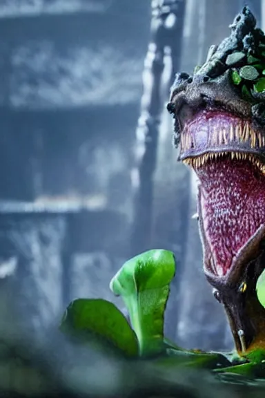 Image similar to very very intricate photorealistic photo of a piranha plant in an episode of game of thrones, photo is in focus with detailed atmospheric lighting, award - winning details