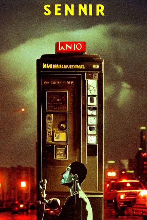 Image similar to an award - winning movie poster for a movie called senor featuring a junkie making a payphone call in a thunderstorm in queens at night in the 1 9 9 0 s with the new york city skyline in the distance