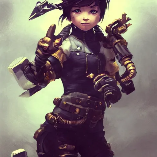 Image similar to Full body portrait of a scrappy female gnome mechanic with pixie undercut hair and one prosthetic metal gauntlet arm standing on a ship deck. In style of Greg Rutkowski and Yoji Shinkawa and Hyung-tae Kim, trending on ArtStation, dark fantasy, great composition, concept art, highly detailed